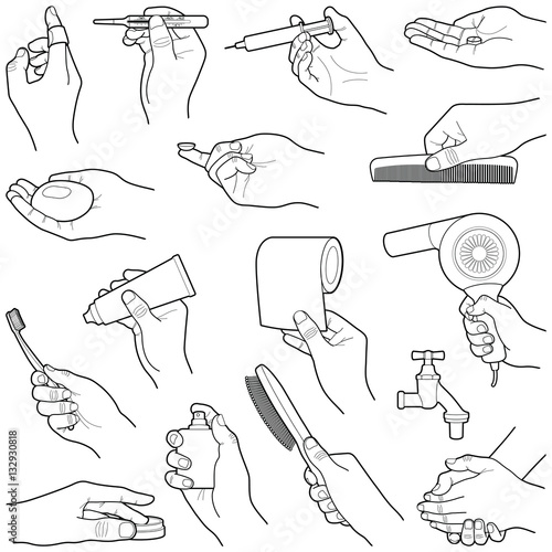 Hands with medical and care tools collection - vector line illustration