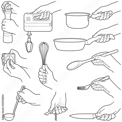 Hands with kitchen tools collection - vector line illustration