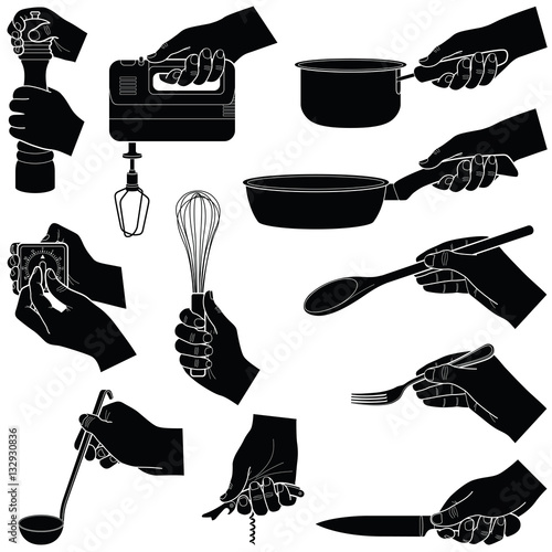 Hands with kitchen tools collection - vector silhouette illustration