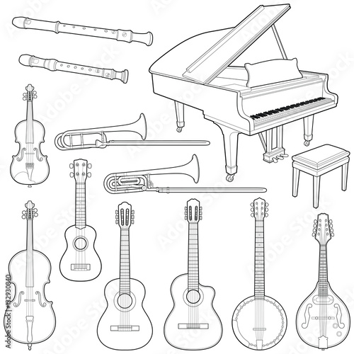 Music instruments collection - vector line illustration 