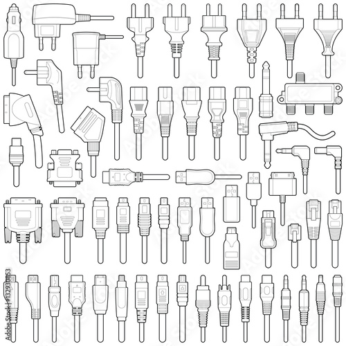 Cable wire and electric plug collection - vector line illustration 