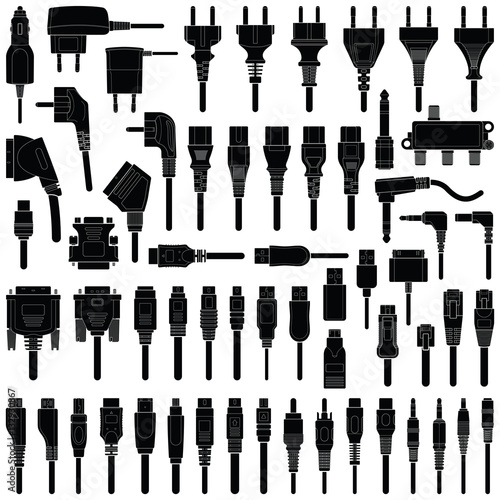 Cable wire and electric plug collection - vector silhouette illustration
