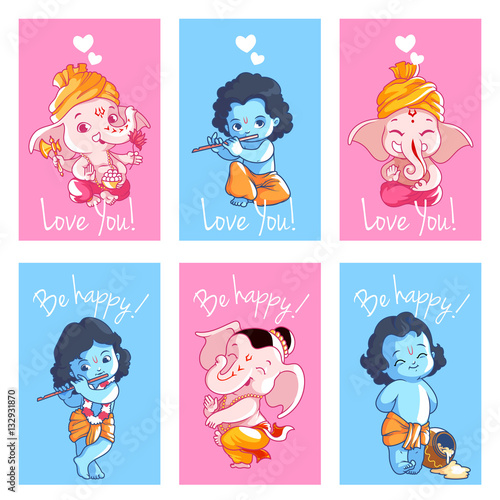 Set of cute cards with Krishna and Ganesha.