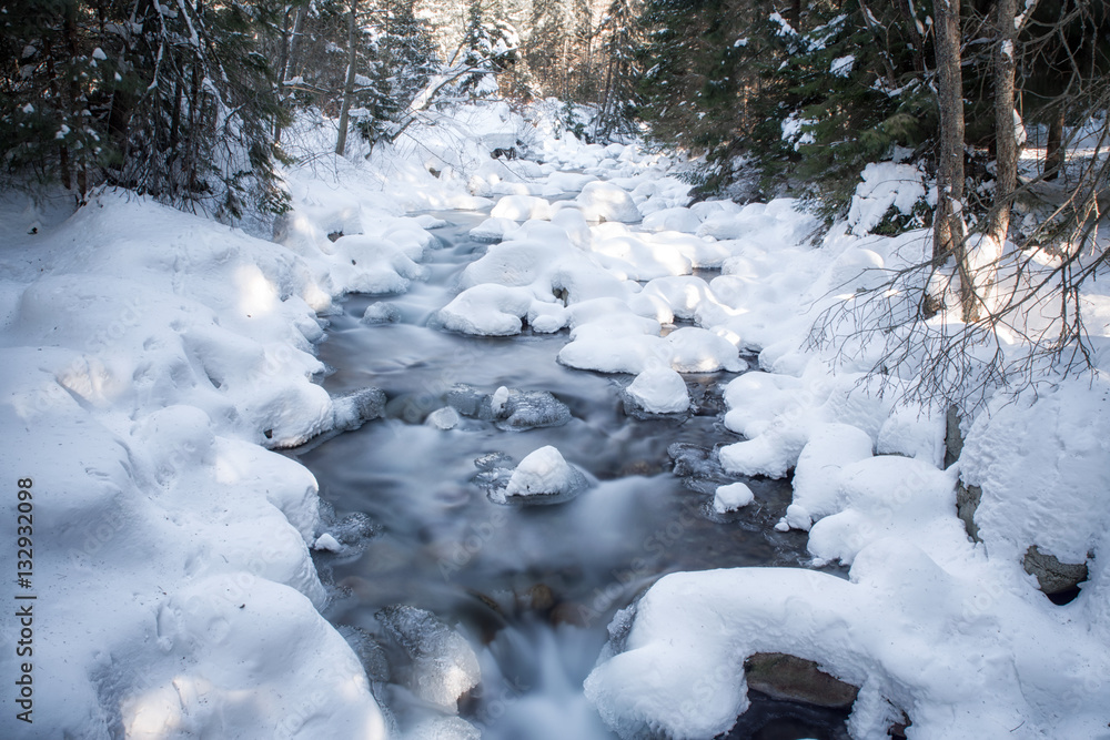 Long exposure of river in winter forest at Jalovecka valley, Slovakia Long exposure of river in winter forest at Jalovecka valley, Slovakia