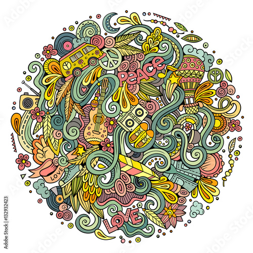 Cartoon hand-drawn doodles hippie illustration