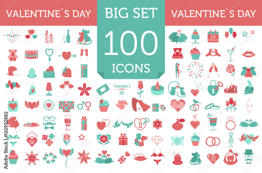 Fototapeta premium Valentine`s day icon set. Romantic design elements isolated on w