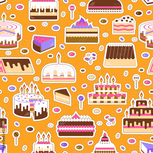 Cake with candle vector icon line seamless pattern. Sweet dessert illustration. Happy birthday wedding party celebration food silhouette. Bakery cafe restaurant design element. Chocolate cream slice