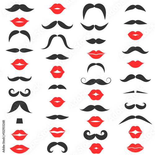 Set of mustache and women s red lips