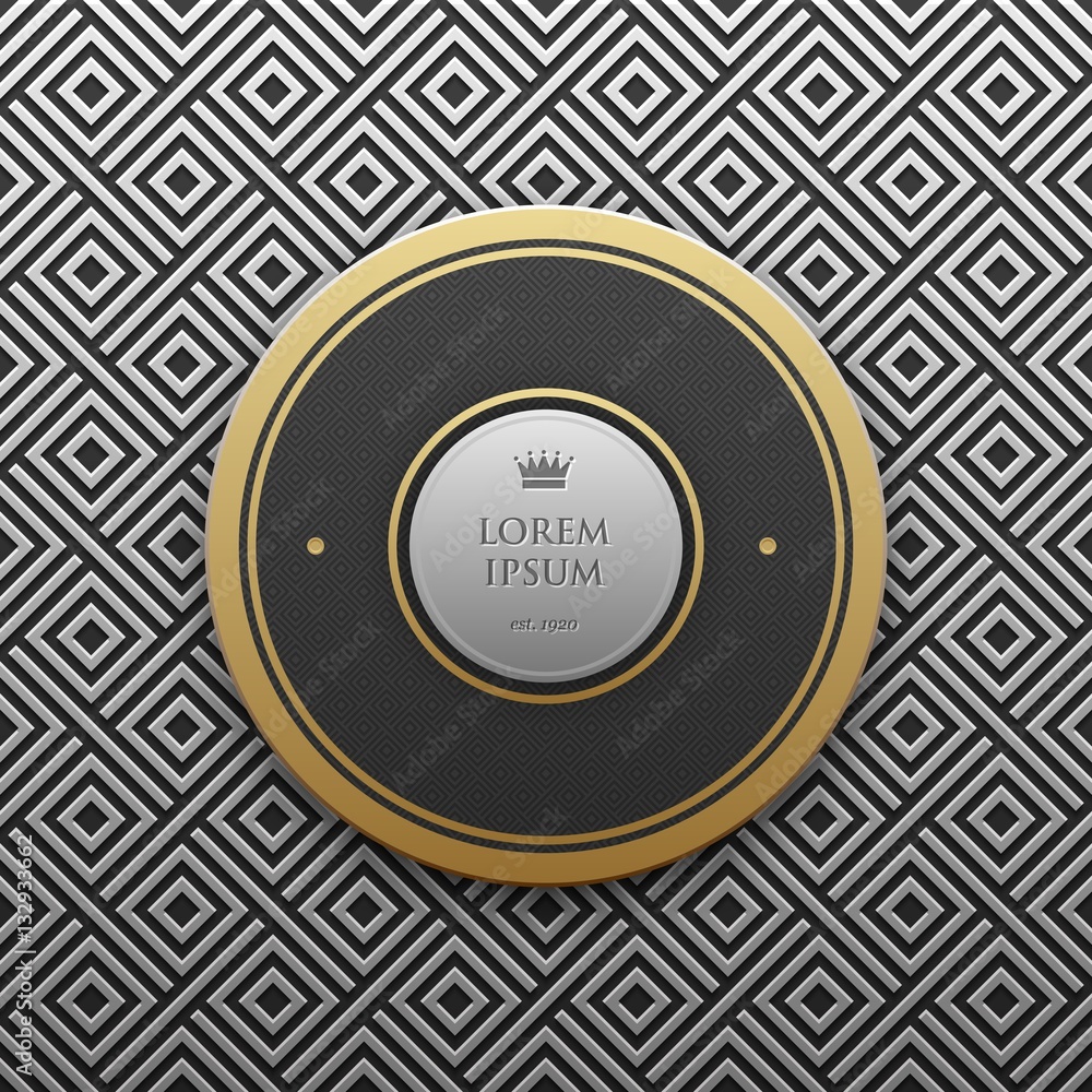 Obraz premium Round text banner template on silver/platinum metallic background with seamless geometric pattern. Elegant luxury style.