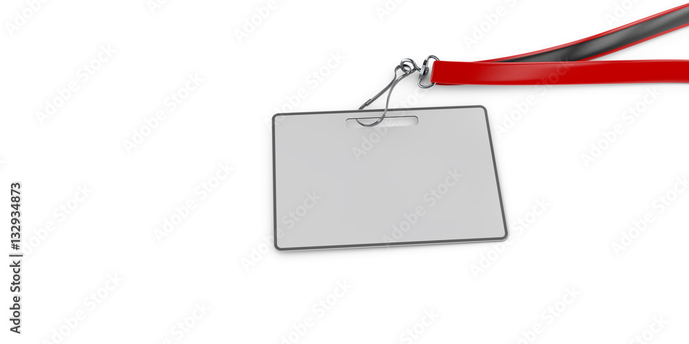 Red Blank name bagde lace mockup on white background, 3d illustration. Plain empty namebadge mock up with cotton band. Red Blank name bagde lace mockup on white background, 3d illustration. Plain empty namebadge mock up with cotton band.