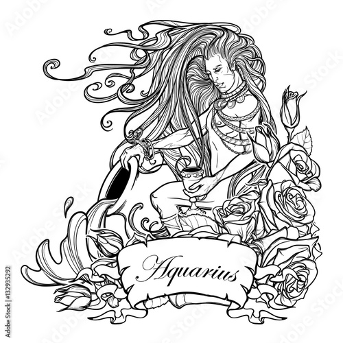 Zodiac sign Aquarius. Young man with long hair holding large amphora. Water flowing out. Frame of roses. Vintage art nouveau style concept art for horoscope, tattoo or colouring book.