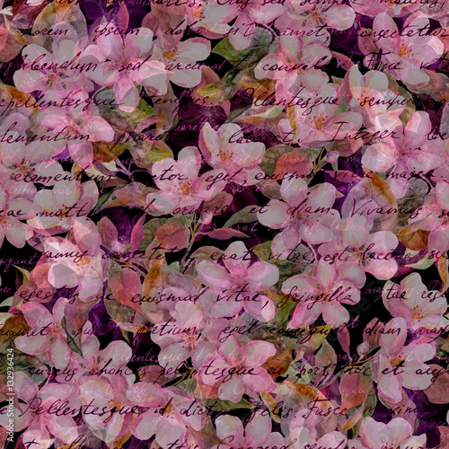 Cherry blossom, pink flowers, hand written text. Black background. Mysterious seamless pattern