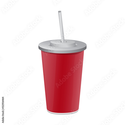 Red paper cup template for soda or cold beverage with drinking straw, isolated on white background. Packaging collection. Vector illustration.