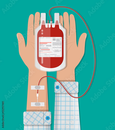 Bag with blood and hand of donor. donation concept