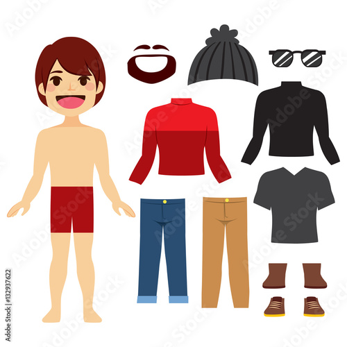 Young hipster paper doll boy with a set of clothes and accessories