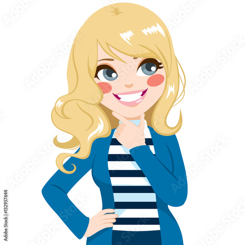 Beautiful cute blonde teenager girl hand on hips thinking and smiling