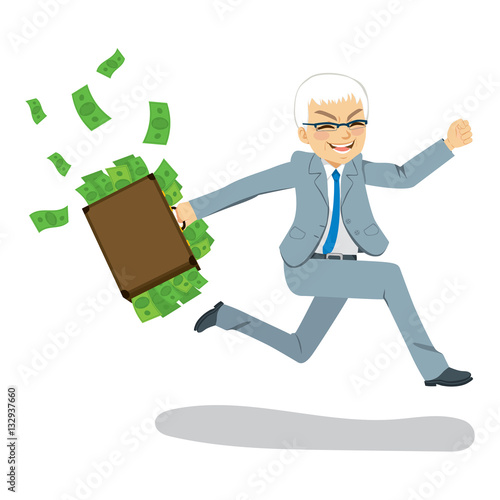 Senior businessman happy running away carrying briefcase full with money spilling
