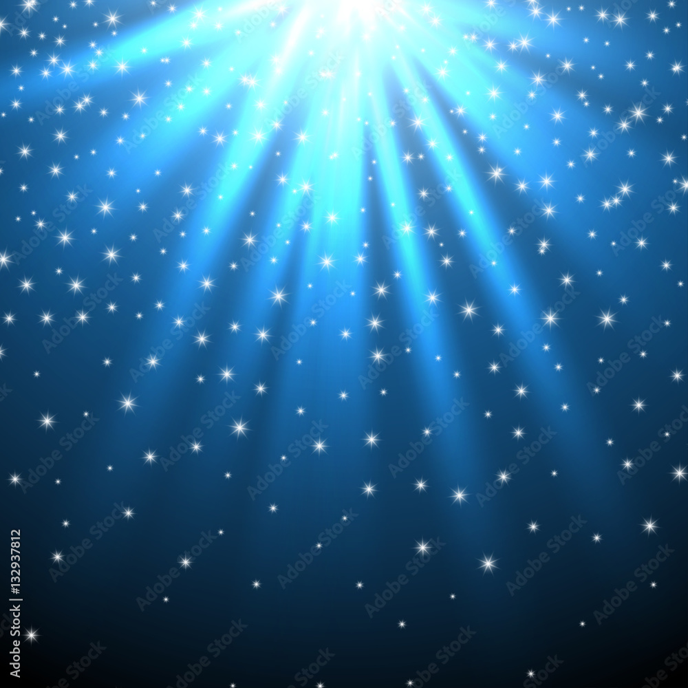 Fototapeta premium Snow and stars are falling on the background of blue luminous rays. Vector illustration.