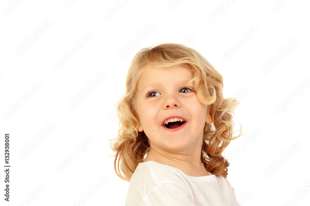 Portrait of playful small kid with long blond hair Portrait of playful small kid with long blond hair