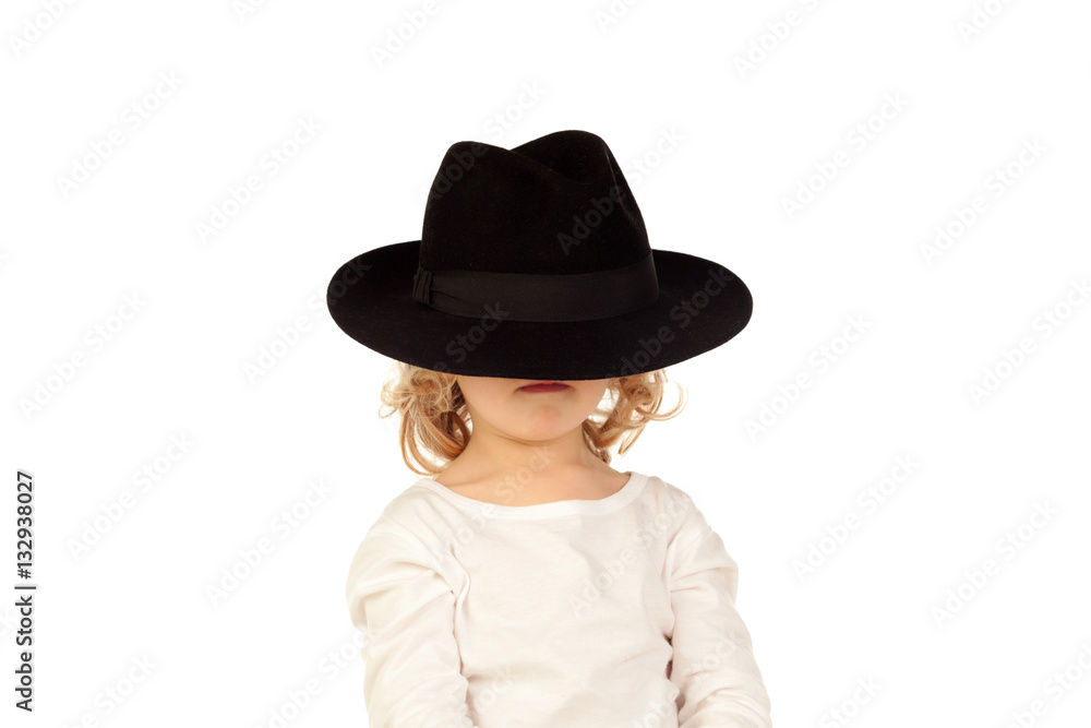 Funny small blond child with black hat
