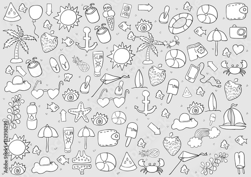 summer symbols and objects., drawing by hand vector.