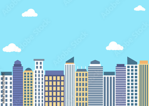Flat style tall buildings under blue sky background