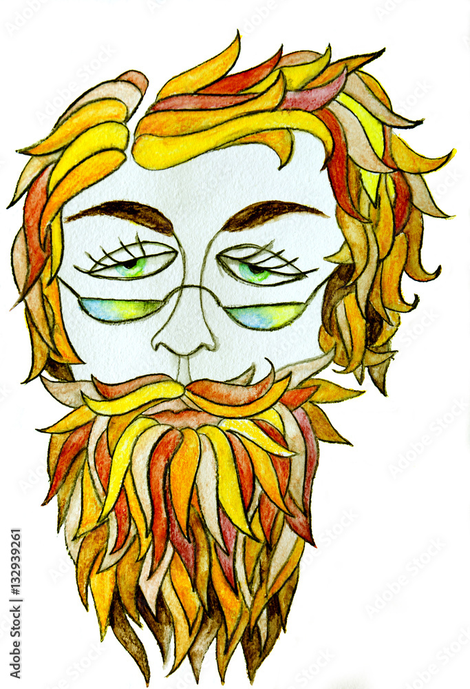 Stylish man with a beard, long hair and glasses. Illustration for card or poster. Print on clothes. Barbershop. Hipster.