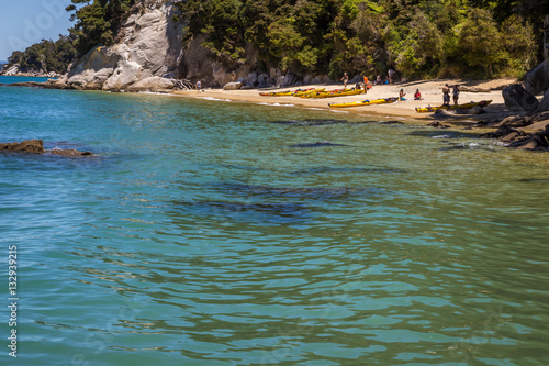 Summer landscape with people on the shore preparing to kayak in clear ocean waters, New Zealand, Abel Tasman National Park
