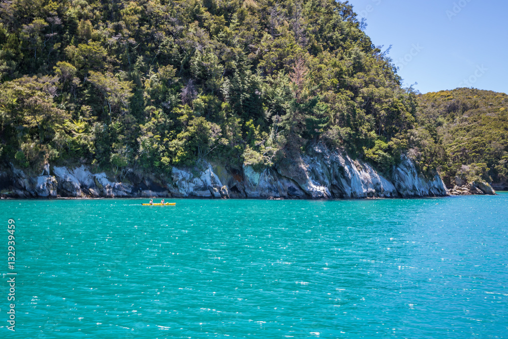 Summer landscape with people kayaking in a yellow kayak in clear ocean water, Abel Tasman National Park, New Zealand