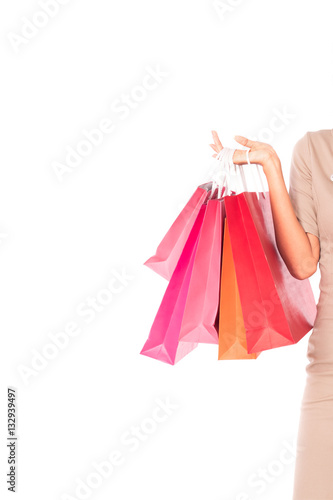 women holding shopping bags in her hand with a copy space,isolated on white background