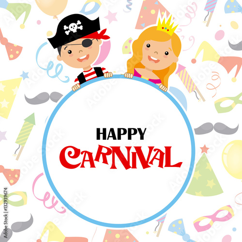 costume party card. Pirate and princess with poster.