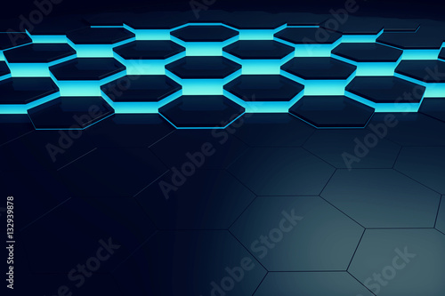 Glowing blue hexagon pattern background. 3D rendering