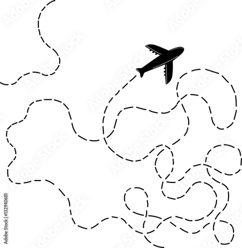  Hand drawn airplane with dotted lines road. Stylish vector illustration. Wanderlust. Travelling.
