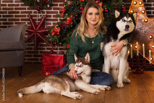 Girl with two dogs of husky near Christmas tree