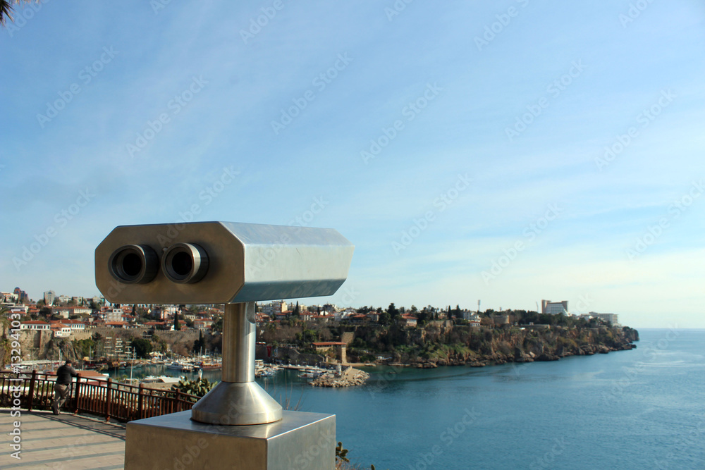 Tourist binoculars on the observation deck near the city center of Antalya, Turkey