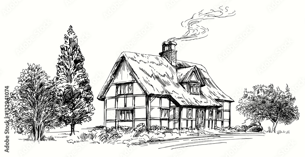 Hand drawn vector illustration - thatched roof stone cottage in - obrazy, fototapety, plakaty 