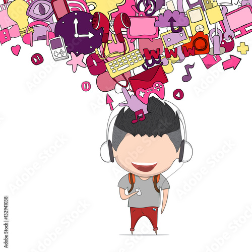 Boy teens was selfie with phone happy with media icons technolog