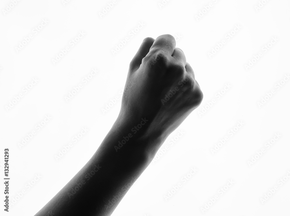 Fototapeta premium Woman hand fist silhouette white background. Black hands sing number 0