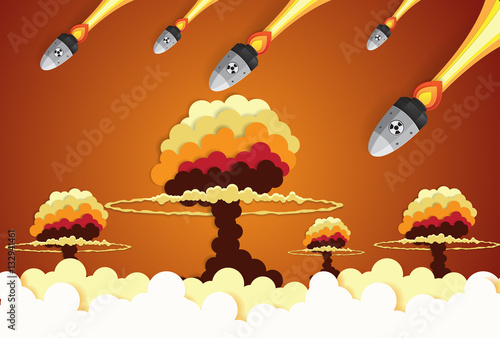 Nuclear war - atom bombs falling on the city,paper art style