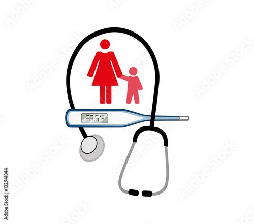 Vector image of a medical thermometer with a mother and child and a stethoscope