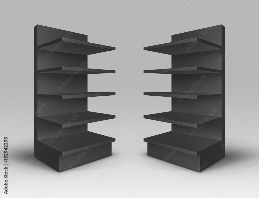 Vector Set of Black Blank Empty Exhibition Trade Stands Shop Racks with Shelves Storefronts Isolated on Background Vector Set of Black Blank Empty Exhibition Trade Stands Shop Racks with Shelves Storefronts Isolated on Background
