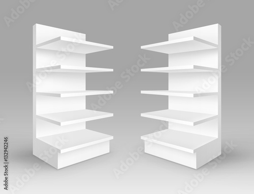 Vector Set of White Blank Empty Exhibition Trade Stands Shop Racks with Shelves Storefronts Isolated on Background