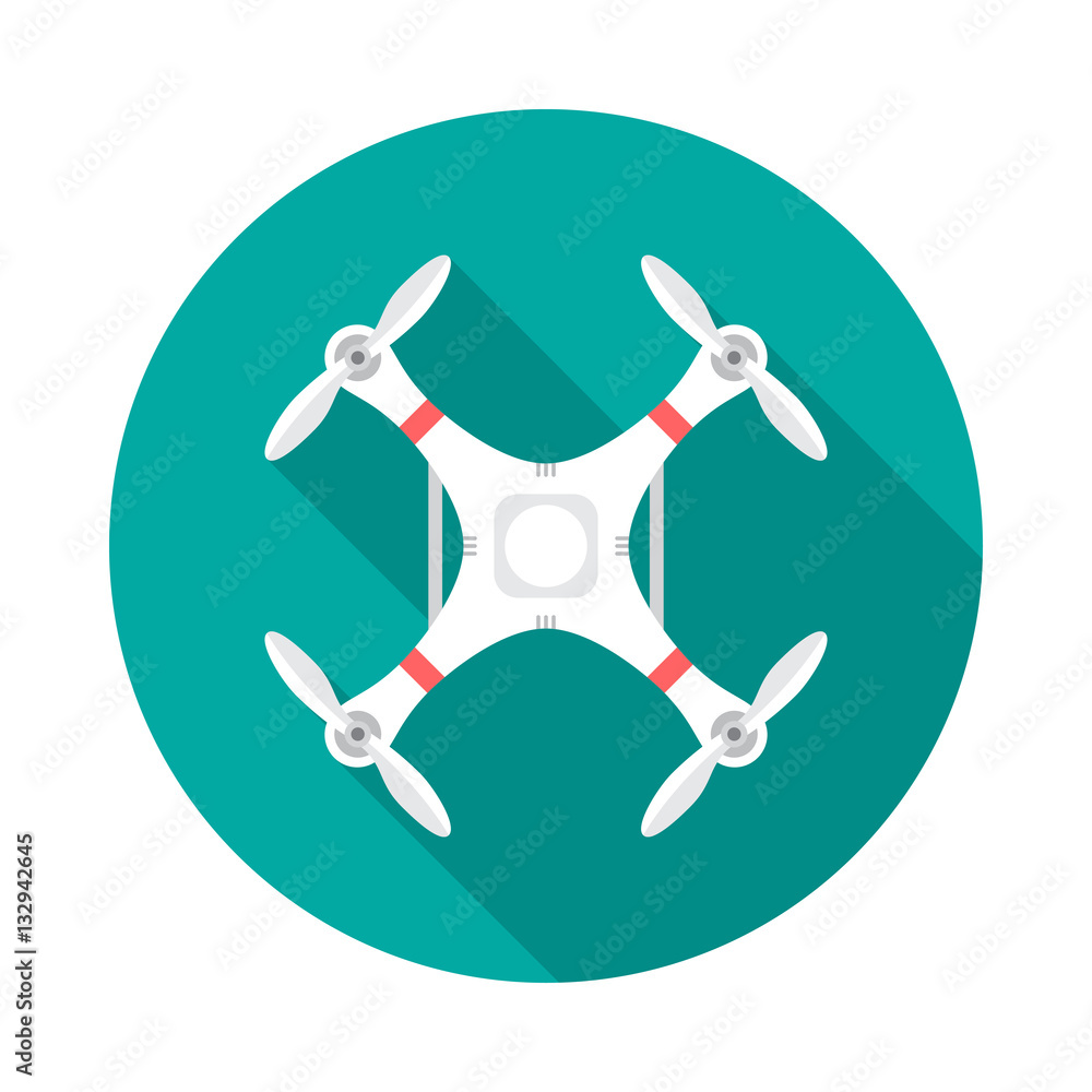 Vecteur Stock White drone circle icon with long shadow. Flat design style.  Drone silhouette. Modern round icon in stylish colors. Web site page and  mobile app design vector element. | Adobe Stock