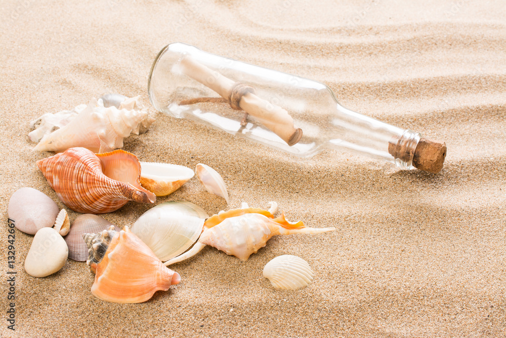 Message in bottle on the beach. Summer background with hot sand Message in bottle on the beach. Summer background with hot sand