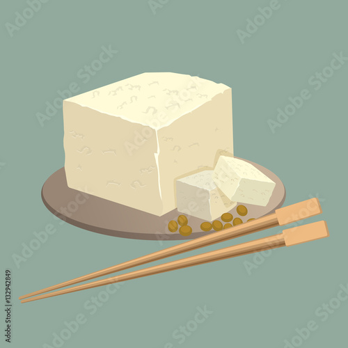 Tofu cheese on plate with chopsticks isolated. Healthy chinese food
