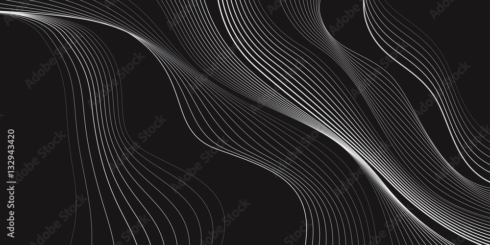 Black and white background, waves of lines, abstract wallpaper, vector design  - obrazy, fototapety, plakaty 