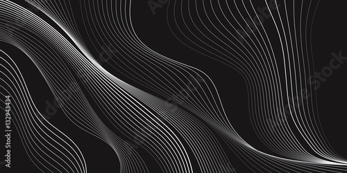 Fotografie, Obraz Black and white background, waves of lines, abstract wallpaper, vector design