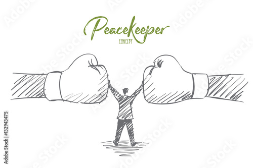 Vector hand drawn Peacekeeper concept sketch with man standing between two human fists and preventing them from fighting