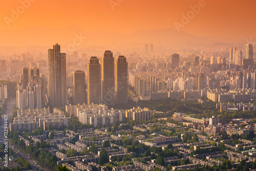 Seoul city and Downtown skyline in Sunset in Misty day, South Ko