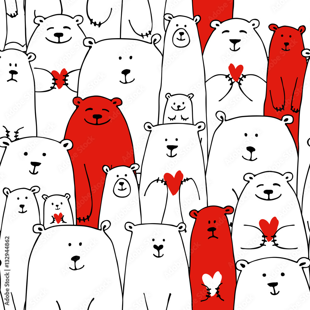 Fototapeta premium White bears family, valentine day seamless pattern